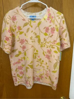 CeCe Pink and Green Floral Short-Sleeve Sweater